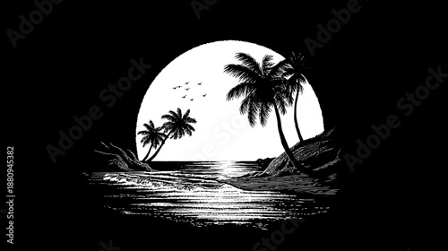 Dramatic black and white tropical island beach sunset illustration with palm trees, ocean waves, and sun reflections.