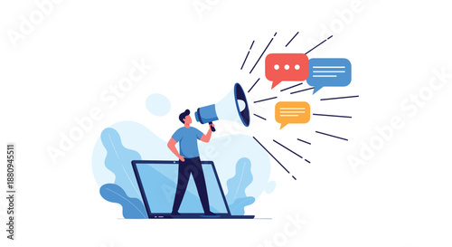 Man stands on a laptop keyboard, holding a megaphone with chat bubbles, symbolizing digital marketing online promotion and widespread communication.