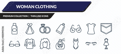 woman clothing icons set - bottle, female dress, engagement ring, eyebrow, couture mannequin outline vector collection.