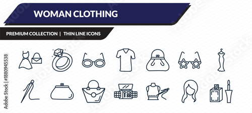 woman clothing icons set - feminine fashion, diamond ring, glasses for eyes, female with long hair, liquid eyeliner outline vector collection.