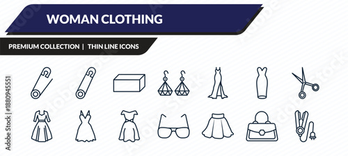woman clothing icons set - safety pin, perdible pin, rectangular, handbag elegant, hair iron outline vector collection.