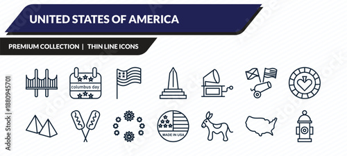 united states of america icons set - golden gate, columbus day, patriotic, united states, fire hydrant outline vector collection.