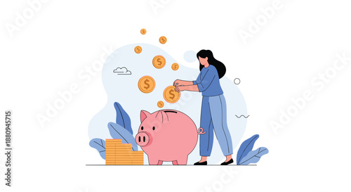 A woman puts coins into a piggy bank symbolizing savings investment and careful financial planning for the future.