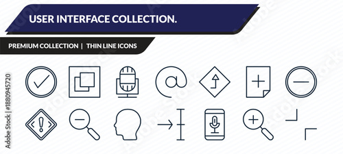 user interface collection. icons set - check square, full screen, voice recorder, zoom, minimal outline vector collection.