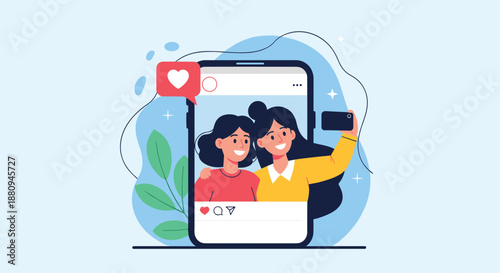 Two happy women take a selfie on a smartphone displayed on a larger screen symbolizing social media and online sharing.
