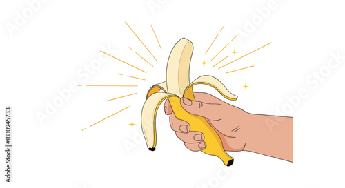 A hand holds a perfectly peeled banana with radiating lines symbolizing healthy food nutrition and natural goodness.