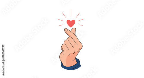 A hand makes the Korean finger heart gesture with radiating lines and a red heart symbolizing love affection and positive emotion.