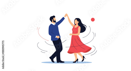 A happy couple joyfully dances together with swirling lines depicting movement and celebration in a romantic setting.