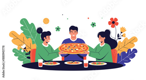 Three happy friends share a delicious pizza together at a table surrounded by flowers illustrating friendship and togetherness.
