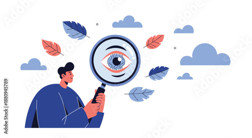 A man holds a large magnifying glass over an eye symbolizing vision eye care insight observation and clear perception.