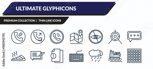 ultimate glyphicons icons set - phone with right arrow, phone call outcoming, call contact, cargo boat, square grid outline vector collection.