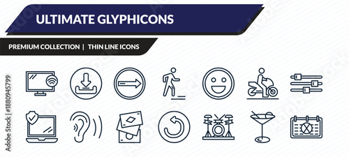 ultimate glyphicons icons set - tv wireless connection, download arrow with bar, turn right, cocktail glass, calendar with letter x outline vector collection.
