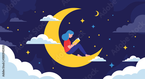 A woman sits on a crescent moon in a starry night sky reading a book symbolizing imagination dreams and peaceful nights.