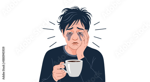 A tired man with dark circles under his eyes holds a coffee cup symbolizing fatigue exhaustion or a morning struggle.