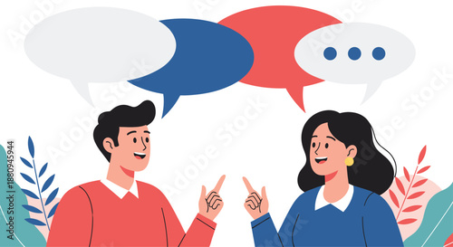 A man and a woman engage in a lively conversation with multiple speech bubbles symbolizing communication and dialogue.