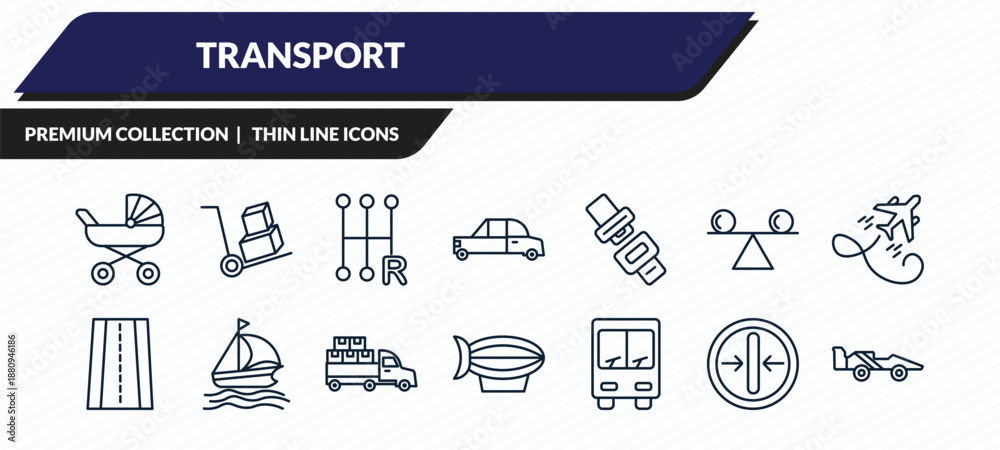Obraz premium transport icons set - babysitter, cart with boxes, shift, slim, formula 1 outline vector collection.