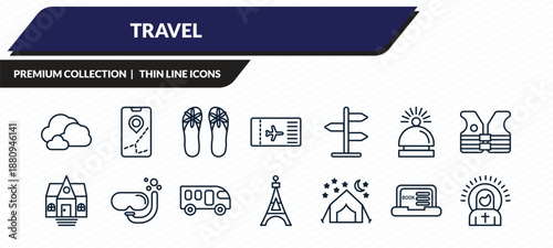 travel icons set - cloudy, mobile map, flip flop, online booking, christ outline vector collection.
