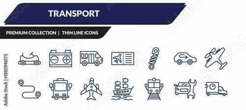 transport icons set - go kart, workshop repair, school van, car repair, carrier outline vector collection.