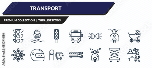 transport icons set - semaphore, ferry carrying cars, car traffic, lifter, airport checking outline vector collection.