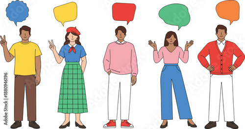 Diverse people communication illustration showing group with colorful speech bubbles representing conversation, dialogue, and social interaction