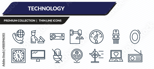 technology icons set - international call, customs, cinema projector, laptop with a heart, radio journalism outline vector collection.