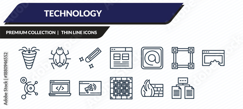 technology icons set - sales funnel, bugs, color value, firewalls, data architecture outline vector collection.