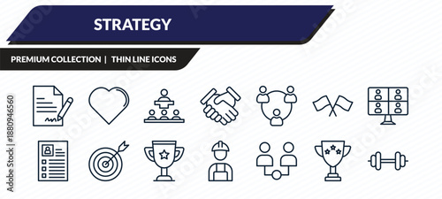strategy icons set - agreement, heart, conference, winner, strength outline vector collection.