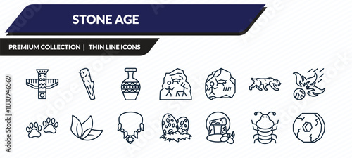 stone age icons set - totem, club, pottery, arthropod, wheel outline vector collection.