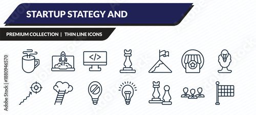 startup stategy and icons set - coffee break, startup laptop, web development, team, finish flag outline vector collection.