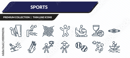 sports icons set - climber, swimming jump, fishing net, man losing hat, man in canoe outline vector collection.