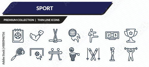 sport icons set - match, boxing, ice hockey, award, weightlifter outline vector collection.