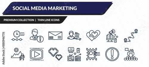 social media marketing icons set - timeline, user warning, letter with stamp, importance, conference outline vector collection.