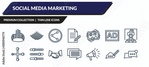 social media marketing icons set - flats, net, photo share, feedback, chat box outline vector collection.