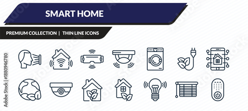 smart home icons set - face scan, home automation, vr technology, blind, remote outline vector collection.