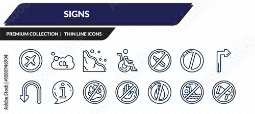 signs icons set - airport, co2, landslide, no swimming, no shouting outline vector collection.