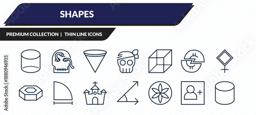 shapes icons set - cylinder volumetrical, skull and snake, inverted cone, followers, cylinder volumetric outline vector collection.