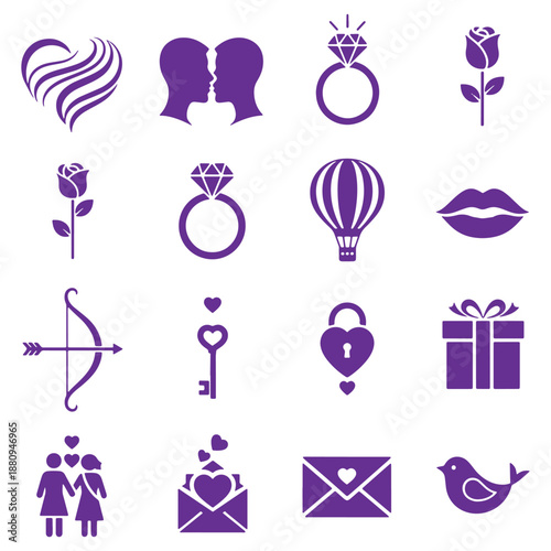 Collection of purple icons representing love relationships and special moments perfect for Valentines Day designs