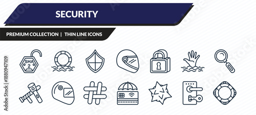 security icons set - sha 2, float, checkered shield, door lock, lifeguard float outline vector collection.