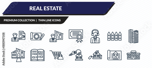real estate icons set - tenant, technical drawing, or, blueprint, duplex outline vector collection.