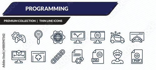 programming icons set - game development, code review, cyberspace, developer, php outline vector collection.