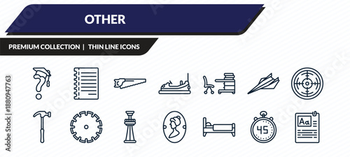other icons set - graduation's questions, notepad sheet, wood cutter, digital number 45, paragraph aa outline vector collection.