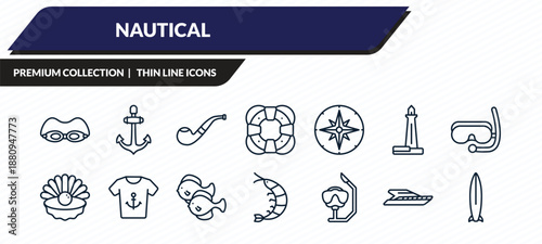 nautical icons set - swin goggle, big anchor, pipe, yatch, one suroard outline vector collection.
