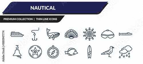 nautical icons set - ferry facing right, double bait, whale, seagull, rainy cloud outline vector collection.
