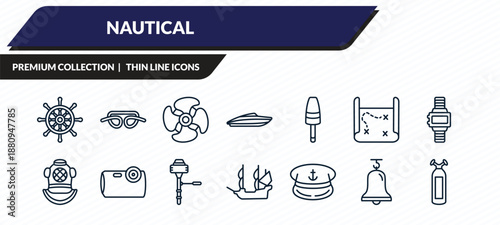 nautical icons set - boat steering wheel, knot, ship engine propeller, boat bell, oxygen tank outline vector collection.