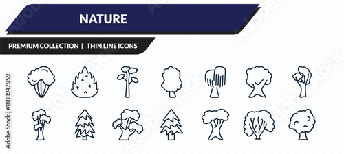 nature icons set - shadbush tree, eastern redcedar tree, pitch pine tree, american hornbeam sycamore outline vector collection.