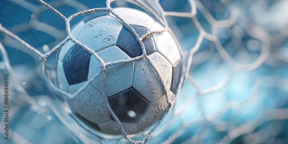 Naklejka premium Soccer Ball Entering Goal Net Against Light Blue Background