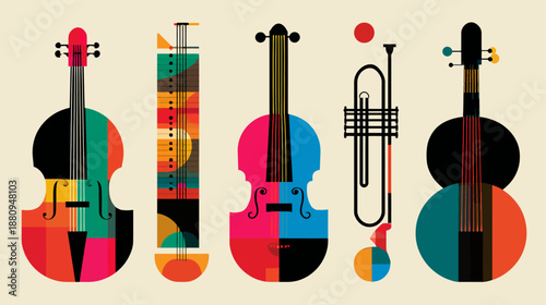 Geometric abstract musical instruments composition with vibrant colors. Modern art featuring violin, guitar, trumpet, and other wind instruments.