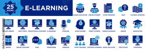 E-Learning icon collection set. Containing Global Education, Online Student, Study Program, Quiz, Flexible Learning, Staff Training, Smart Solution, Certificate, Award icon