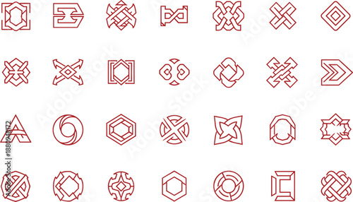 Geometric shapes and symbols in red lines on white background for design inspiration