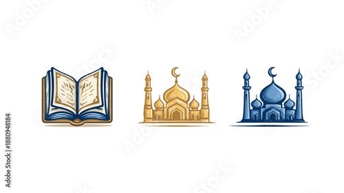 Vintage Islamic holy book and mosque illustrations. Hand-drawn blue and gold religious symbols, ideal for spiritual or cultural themes.